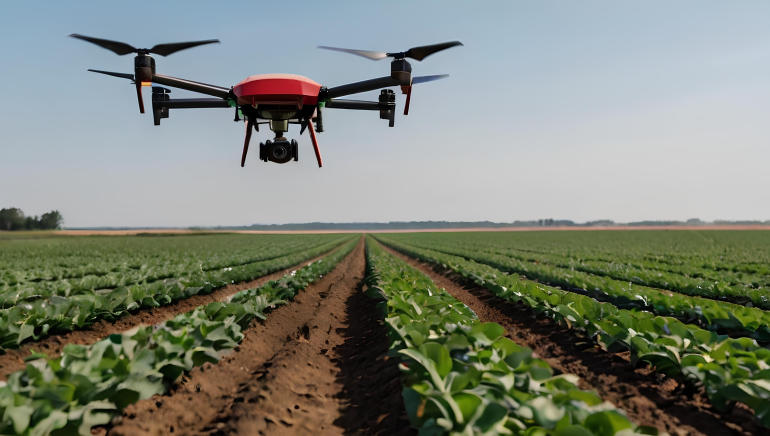 A picture of a drone flying of agricultural land.
