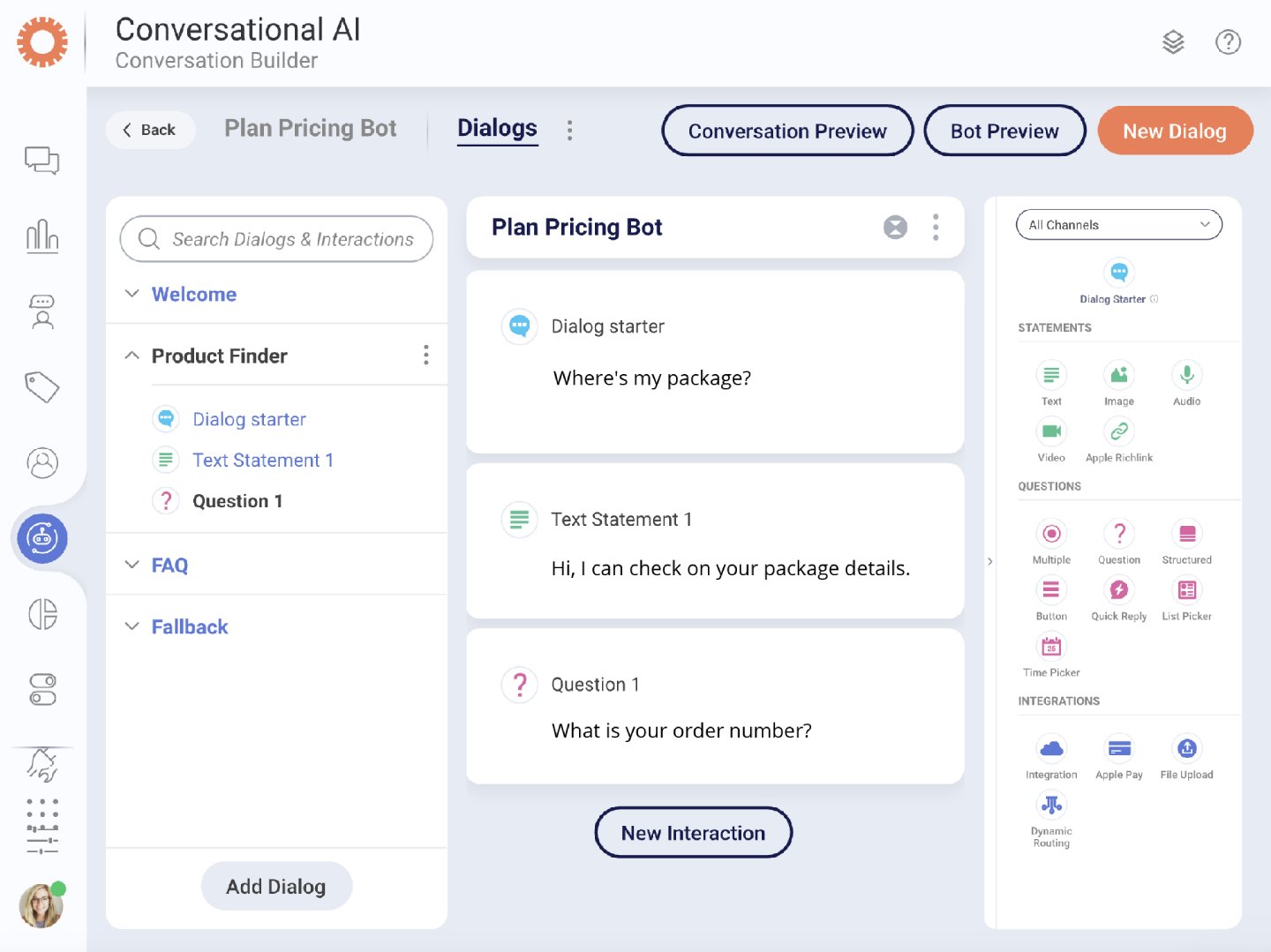 An interface for building a simple conversational AI chatbot.