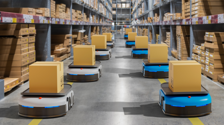 Autonomous mobile robots (AMR) in a warehouse.